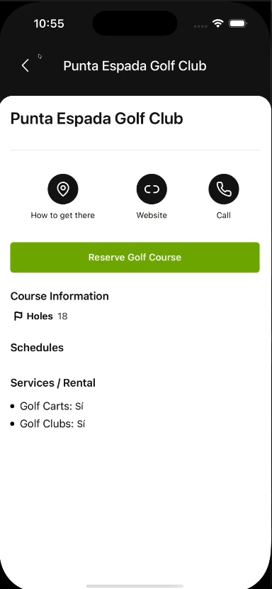 App Tee Time, Ficha de la cancha